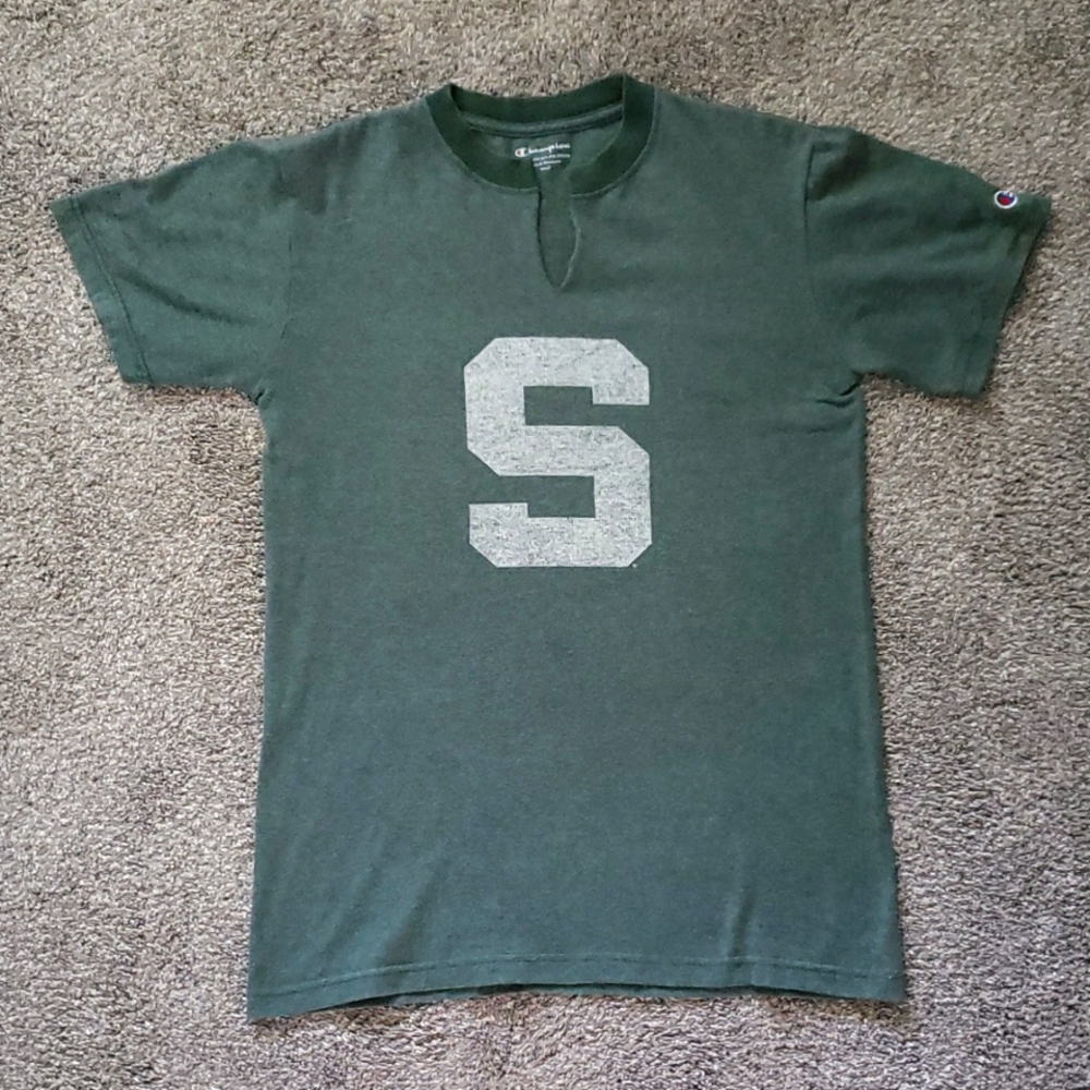 Champion Michigan MI State Spartans Green Alternative Logo Split Crew Neck Tee S